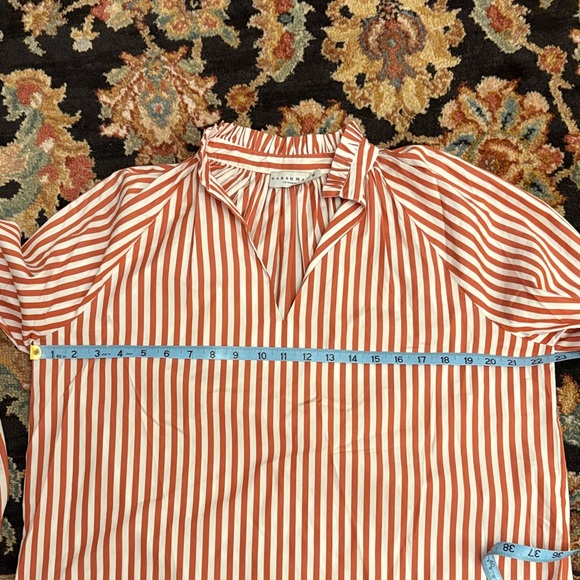Harshman Striped Rust Brown Cotton Blouse with Split Neck Ruffle Collar Medium - Picture 10 of 11